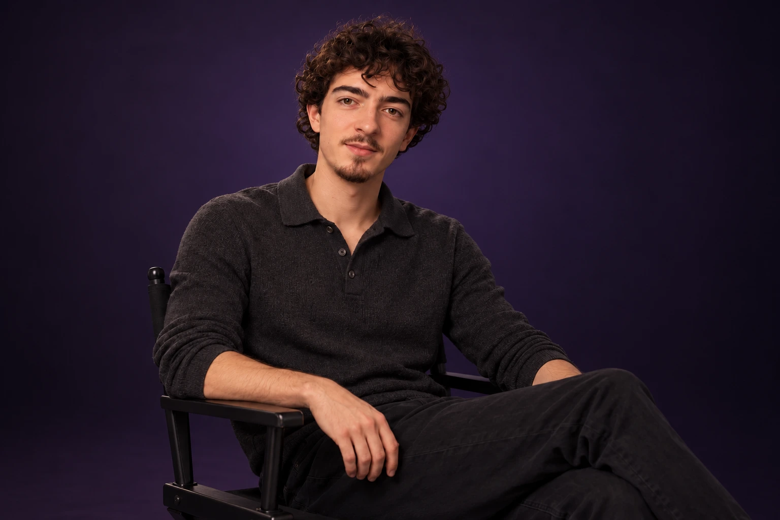 Illustrative editorial image: AI-generated studio portrait of Adam on a dark purple backdrop, based on client-supplied references