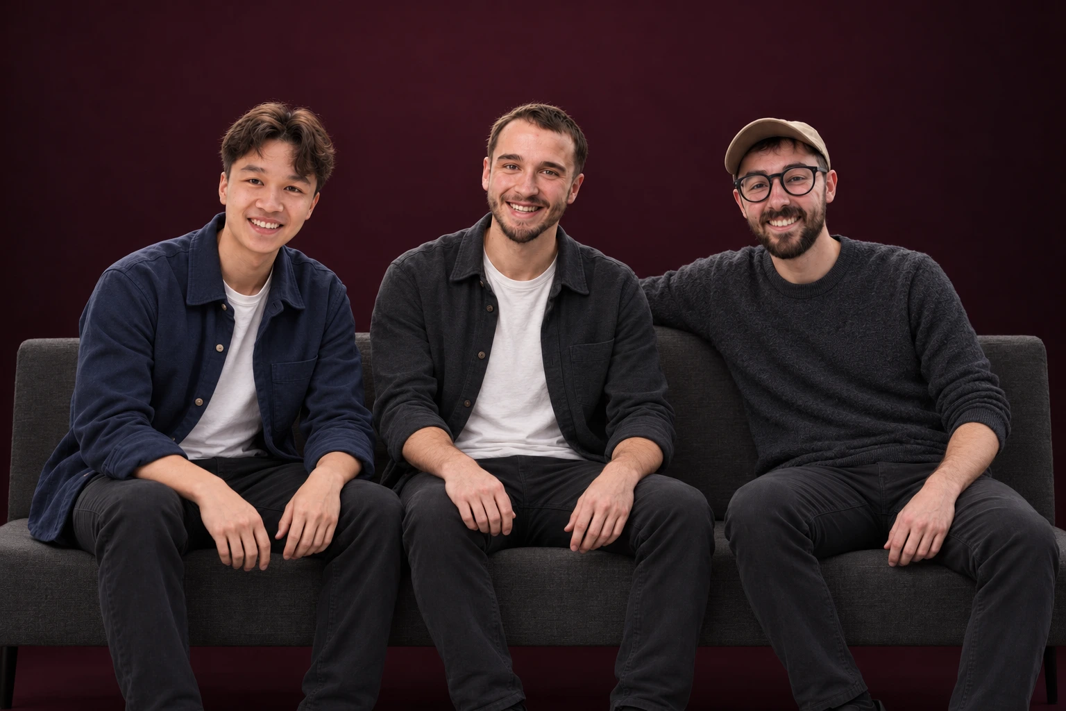 Illustrative editorial image: AI-generated studio portrait of Bao Nguyen, James Smith and Tom Watson together on a burgundy backdrop