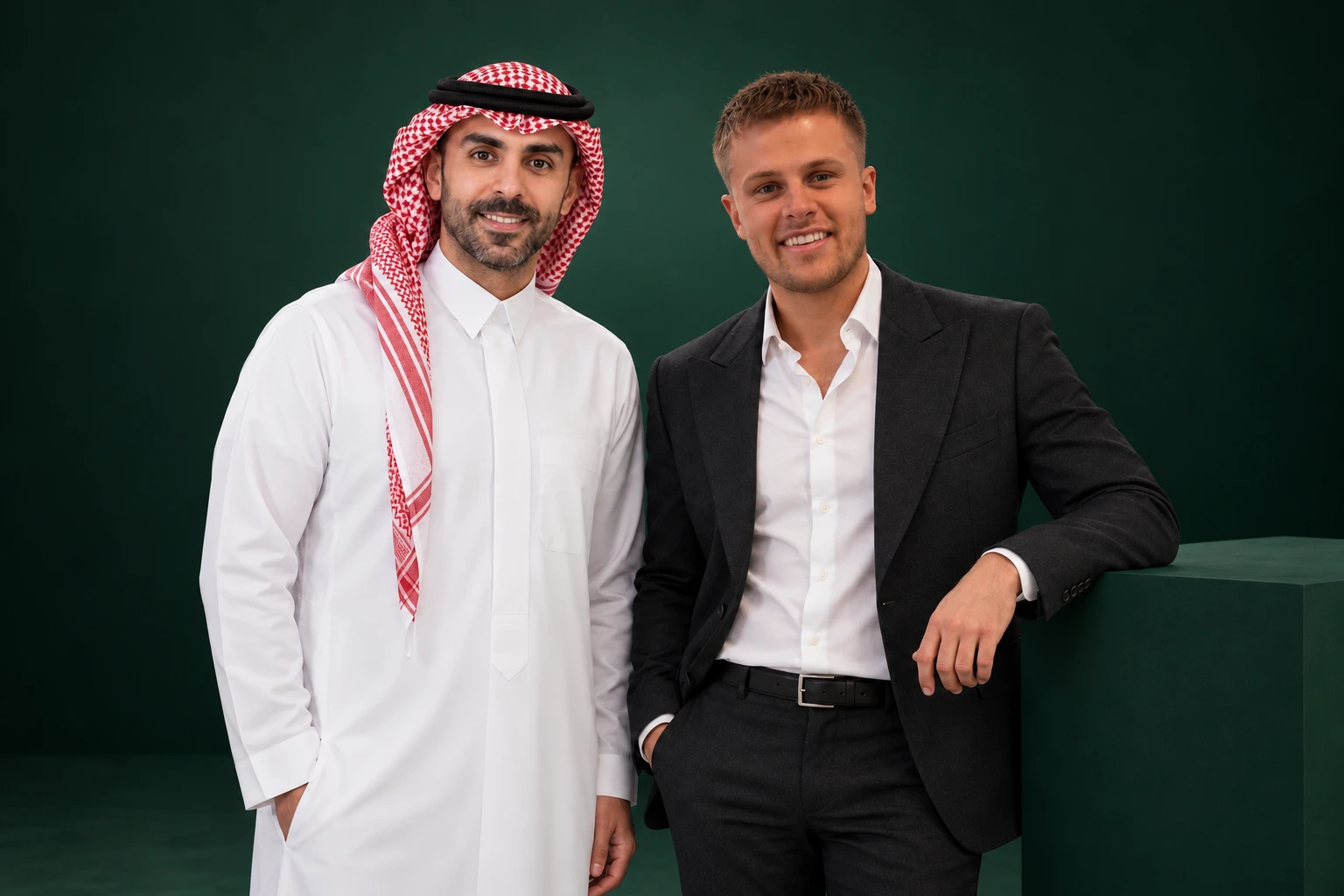 Illustrative editorial image: AI-generated studio portrait of Abdullah Al Jaafari and Andrew Mott together on a dark forest-green studio backdrop