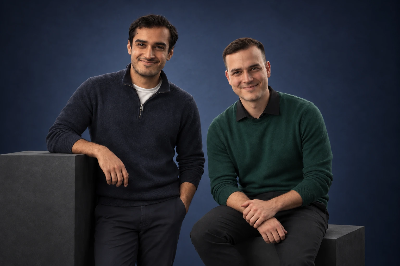 Illustrative editorial image: AI-generated studio portrait of Aum Upadhyay and Eduardo Velasco together on a dark blue backdrop